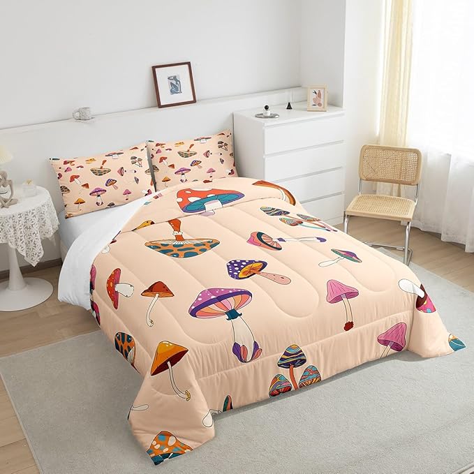 Retro Trippy Mushroom Bedding Comforters King Size,Hippie Plant Duvet Set for Bedroom Decor,60s 70s Cartoon Style Durable Comforter Set with 2 Pillowcases