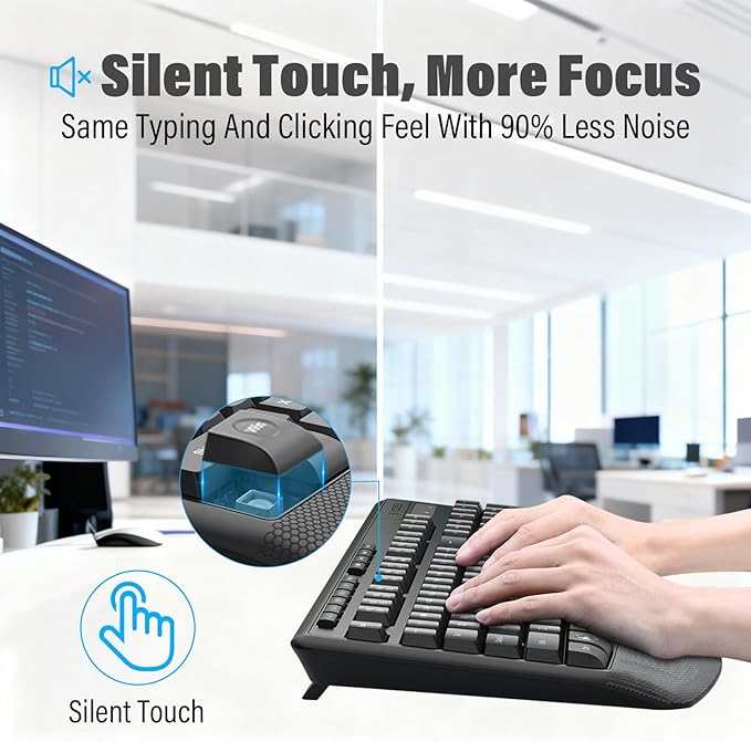 E-YOOSO Wireless Keyboard and Mouse Combo,Silent Soft Touch Quiet Keyboard Less Noise 90%,Ergonomic with Wrist Rest,2.4GHz 104 Keys Full Size,2400 DPI Mouse,for PC Computer/Laptop/Mac Air/Mini/Pro