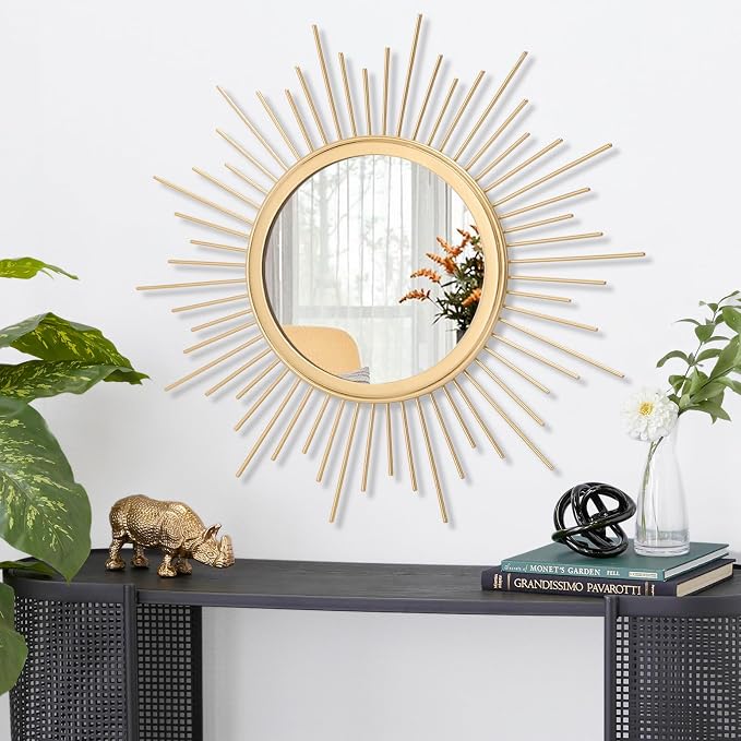 Large Gold Spoked Sunburst Wall Mirror Boho Home Decor Round Wall Art Mirror Modern Metal Mirrors for Wall Living Room Vanity Bathroom Bedroom Hallway Balcony Entryway 20"