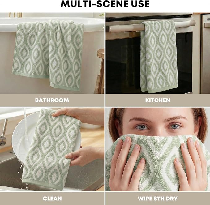 Artoid Mode 1 Pc Beige Green Diamond Grid Jacquard Hand Towels for Bathroom, 100% Cotton Soft Absorbent Bathroom Decor Towels, 13.7 x 29.5 Inch