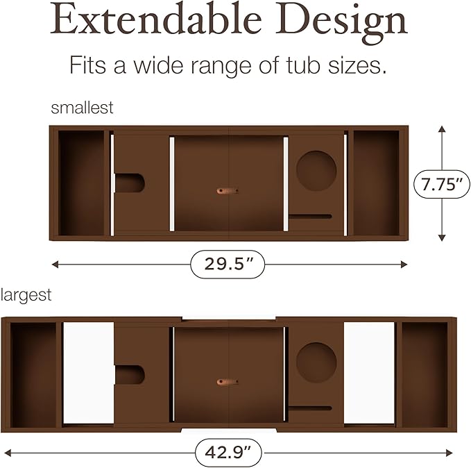 Bambüsi Bathtub Tray for Tub - Brown Bamboo Bath Tray, Expandable Wooden Bath Caddy Tray with Wine Holder, Book and Tablet Stand, Bathroom Accessories, Tub Table, Spa Bath Gifts for Women and Couples