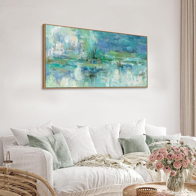 VEAEE Teal Framed Abstract Wall Art - Turquoise Green Colorful Modern Canvas Pictures, Living Room Wall Decor, Contemporary Landscape Painting Prints for Bedroom Bathroom Office Decor 20" x 40"