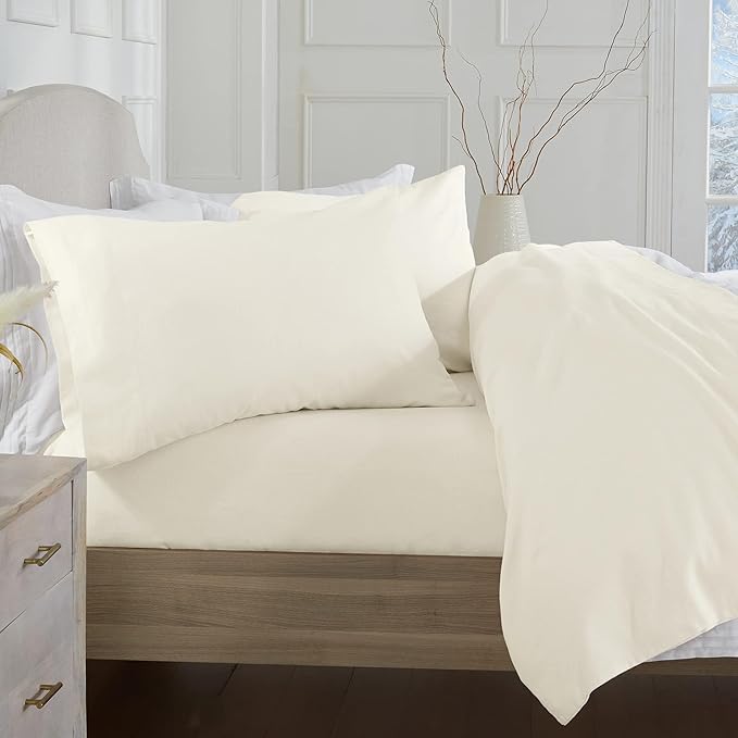 Market & Place 100% Turkish Cotton Flannel Sheet Set | 4 Piece Deep Pocket Solid Cozy Winter Bed Sheets | Double Brushed for Extra Softness & Comfort | Chalet Collection (Full, Ivory)