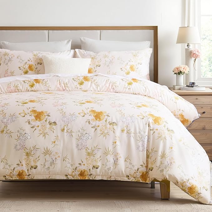 100% Cotton Duvet Cover King Size – Elegent Yellow Floral Duvet Cover Set with Zipper Closure & Corner Ties, 3-Piece Luxury & Silky Soft Bedding Set for All Seasons