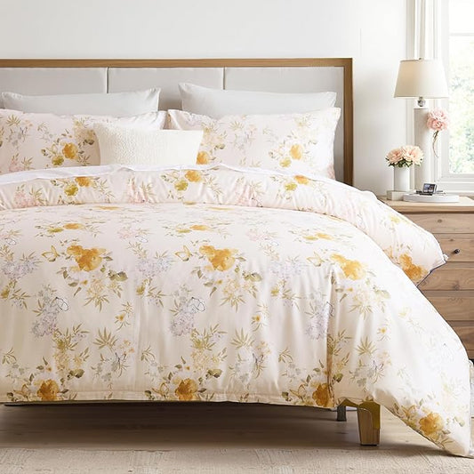 100% Cotton Duvet Cover King Size – Elegent Yellow Floral Duvet Cover Set with Zipper Closure & Corner Ties, 3-Piece Luxury & Silky Soft Bedding Set for All Seasons