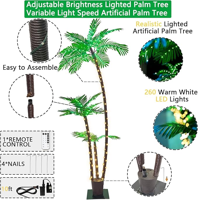 6FT Lighted Artificial Palm Tree with Three Trunks and Upgraded 260 LED Lights - Outdoor/Indoor Use, Perfect for Tiki Bars, Patios, Homes, Offices, Beaches, Yards Pool and Cruise Party