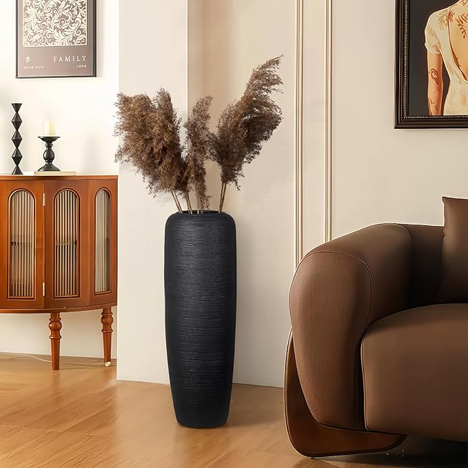 Large Rustic Ceramic Black Vase,23.6 Inch Tall Pottery Farmhouse Decor Floor Vase Vintage Flower Vases for Home Living Room Entryway Table Centerpiece Decor,Terracotta Vases,Wedding Gift