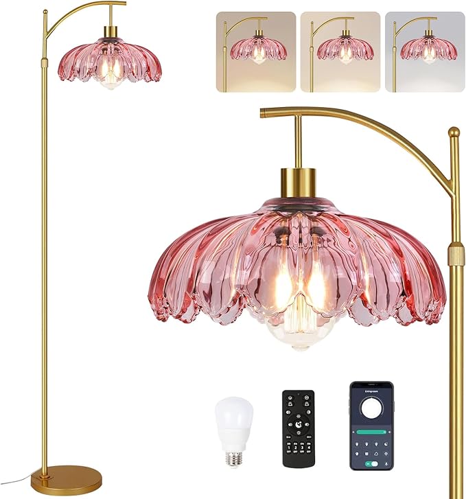 QIYIZM Pink Floor Lamp for Living Room,Bedroom,Gold Dimmable Standing Lamp with Remote,Mid Century Modern Brass Tall Lamp Boho Floor Lamps Arc Stained Glass Flower Floor Light Lamp Girls kids Bohemian