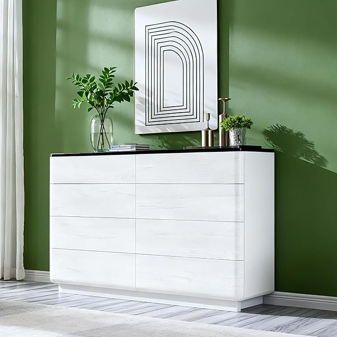 JXQTLINGMU 8 Drawer Dresser for Bedroom, Modern Push-to-Open Chest of Drawers, Large Wood Storage w/Curved Profile & Handleless Design, 52" Wide Dresser TV Stand for Bedroom, Living Room, Off White