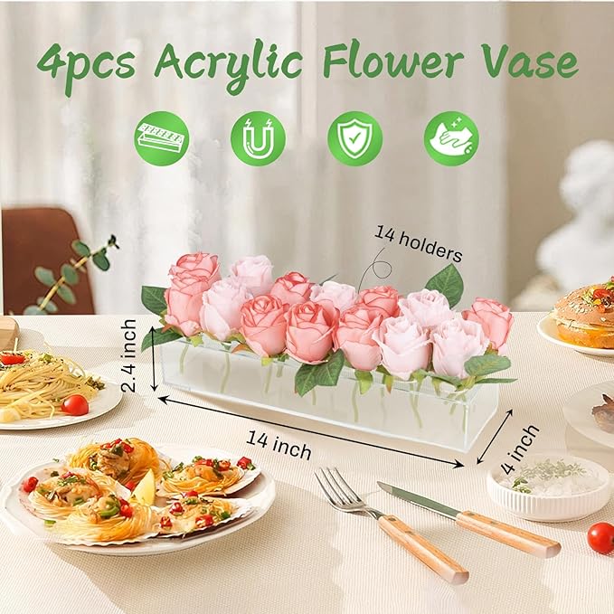 PaulTellie Acrylic Flower Vase Rectangular 4 Pack - Clear Floral Centerpiece for Dining Table Each 14 Inches, Connect to Form 56 Inches Long Rectangle Acrylic Vase for Home Wedding Dining Table Decor