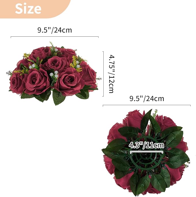 NUPTIO Flower Ball Arrangement Bouquet - 2 Pcs 9.5 inch Diameter Crimson Fake Flowers Roses Balls for Centerpieces Tables - Artificial Rose Arrangements for Wedding Centerpiece Table Decorations