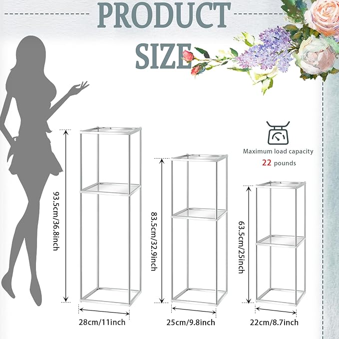 2-Tier Metal Flower Stand Set with Acrylic Shelves, Geometric Display Rack for Wedding Centerpieces, Party Decor, Tall Floor Vase Stand (Silver, Set of 3-36.8"/32.9"/25")