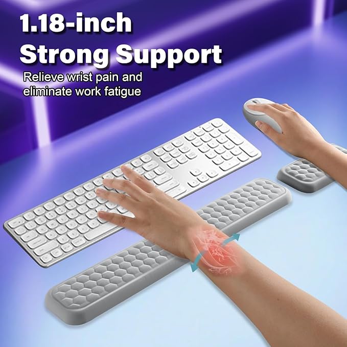 Wrist Rest for Keyboard and Mouse, Upgrade Enlarge Mouse Pad Wrist Rest, Ergonomic Memory Foam, Non-Slip Base for Computer Gaming & Office Work, 2 Piece Set, Grey (14.17x3.15+5.9x3.15 inch)