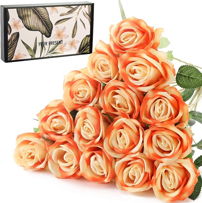 15Pcs Pearl Sunset Red Roses Artificial Flowers Fake Roses Long Stem Velet Rose Silk Flowers for Home Wedding Decoration (Pearl Roses,Sunset Red)