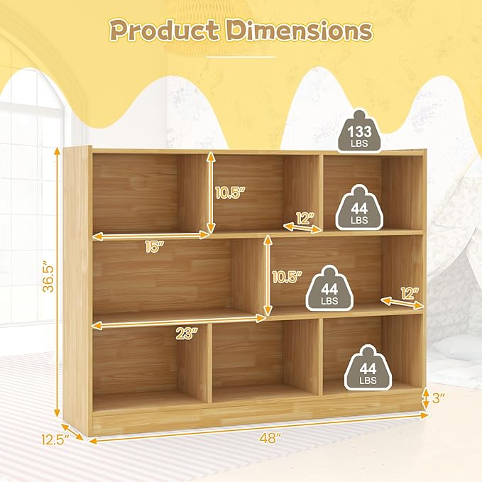 Costzon 3-Shelf Bookcase for Kids, Wooden Toy Storage Organizer for Books Toys, 8-Section Freestanding Classroom Daycare Montessori Bookshelf for Preschool, Home Playroom & Kindergarten (Burlywood)