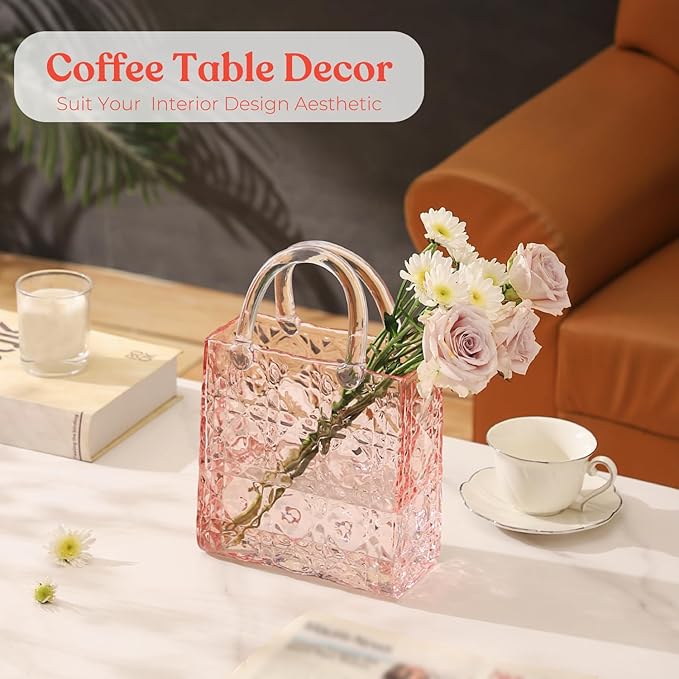 Purse Vase, Glass Bag Vase, Glass Purse Vase for Flowers, Pink Vases, 12 Inch Large Flower Vase with Embossed Pattern for Wedding, Living Room, Bedroom, Table, Office(Tote)