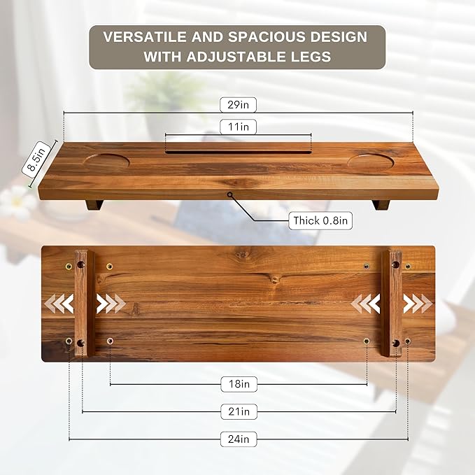 Bathtub Tray for Standard Tubs – 29" Adjustable Teak Wood Bath Caddy | Anti-Tip, Non-Toxic, Waterproof, Sustainable Bath Tray Organizer for Relaxing Spa & Home Use