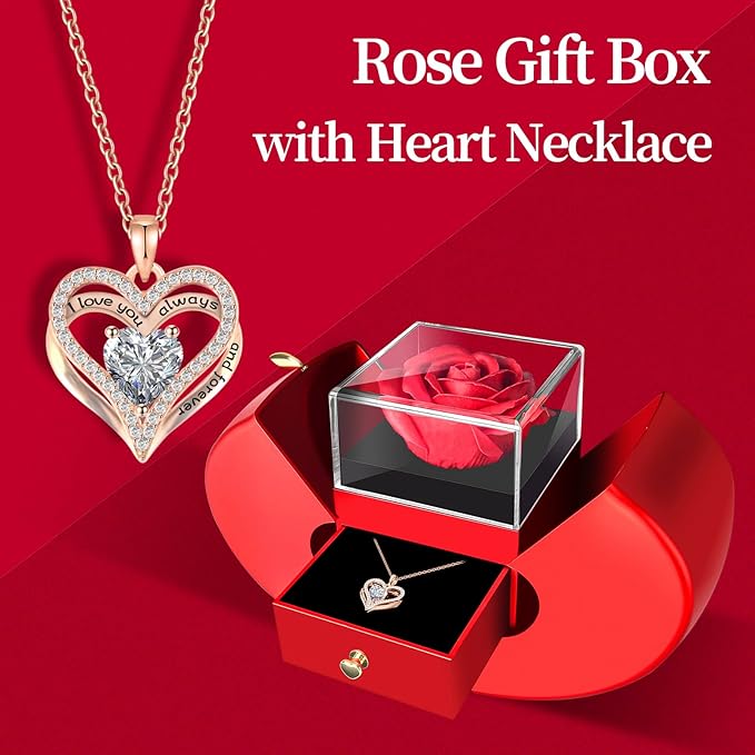 Preserved Flower Red Rose with Heart Necklace, Gifts for Mom, Girlfriend, Women, Wife, Grandma on Christmas, Valentine's Day, Mother's Day, Birthday, Anniversary, Thanksgiving