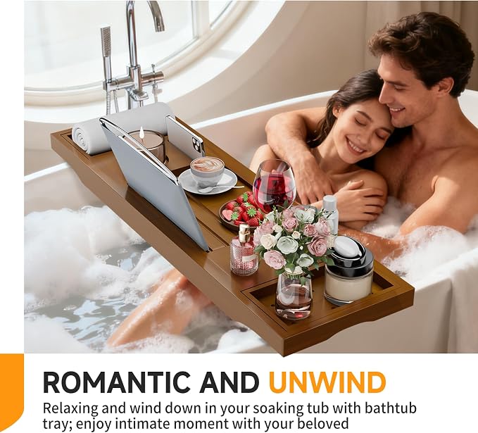 Foldable Bathtub Caddy Tray, Bamboo Bath Tub Tray Table for Tub with Wine Glass Holder Book Phone Tablet Holder with Extending Sides, Adjustable Bathroom Bathtub Free Soap Holder Gift Idea (Walnut)