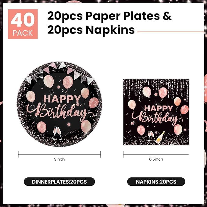 40 Pcs Happy Birthday Plates and Napkins Party Supplies, Rose Gold Paper Plates Napkins Disposable Tableware Set for Women Girls Birthday Party Decorations