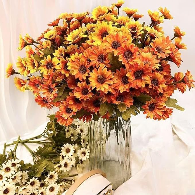 Artificial Mums, Artificial Sunset Mums, Artificial Outdoor Sunset Mum-s Flowers - UV Resistant, Waterproof, Windproof, Reflecting Autumn Vibe (Orange - 5 Bundle)