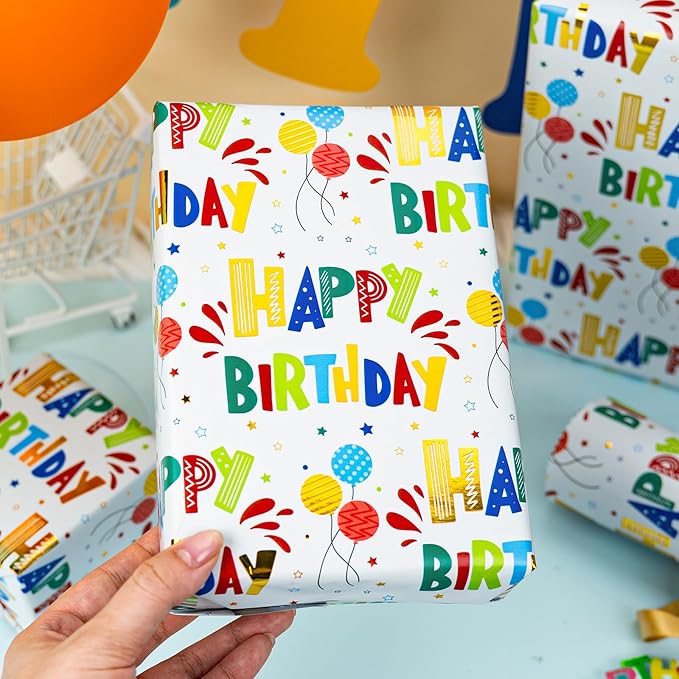 Burymento Birthday Wrapping Paper Roll for Boys Girls Kids Men Women - Colorful Gold Foil Balloon and Stars - Gift Wrap Paper for Birthday Party, 17 In x 32.8 Ft