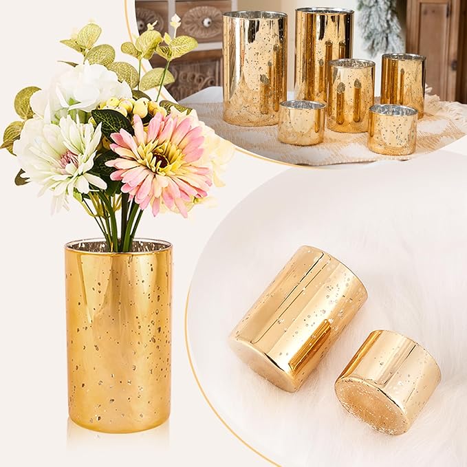 CHILL RECIPE Gold Cylinder Vases Glass Candle Holders Bulk, Mercury Hurricane Candle Holder Small Flower Vases for Centerpieces Tea Light Pillar Votive Candles Wedding Decor Party (4 Set 12Pcs)