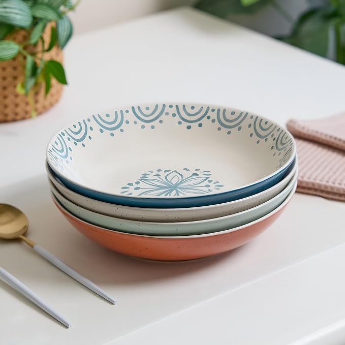 Sango 4-Piece Speckled Stoneware Pasta Bowl Set- Wide Shallow Dinner Bowls with Hand-Painted Rustic Design, Farmhouse Glossy Large Ceramic Bowls for Pasta, Salad & Everyday Meal, Siterra Glazed Garden