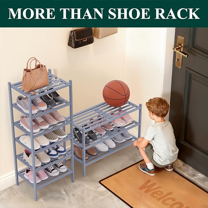 Smiry Long Bamboo Shoe Rack 5-Tier, Stackable Wooden Shoe Organizer for Entryway & Closet, Free Standing Wood Shoe Storage Shelf for Front Door & Small Spaces, Grey