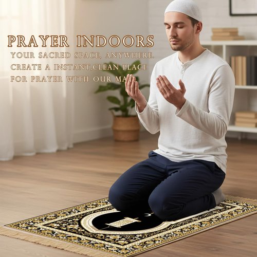 Regine Switzerland Prayer Mat - Thick Islamic Prayer Rug with Tasbih Beads | Black for Namaz & Eid Decor