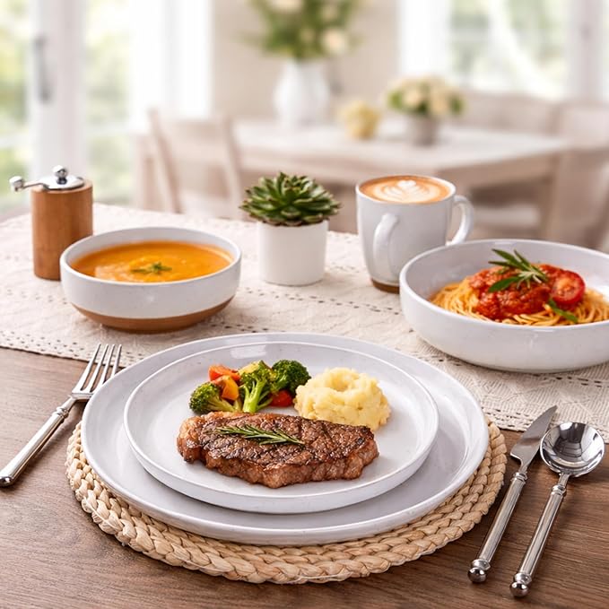 AmorArc Ceramic Dinnerware Sets for 6, 18 Pieces Handpainted Plates and Bowls Set with Rustic Terracotta Underside, Scratch Resistant Stoneware Dishes Set, Dishwasher & Microwave Safe, White