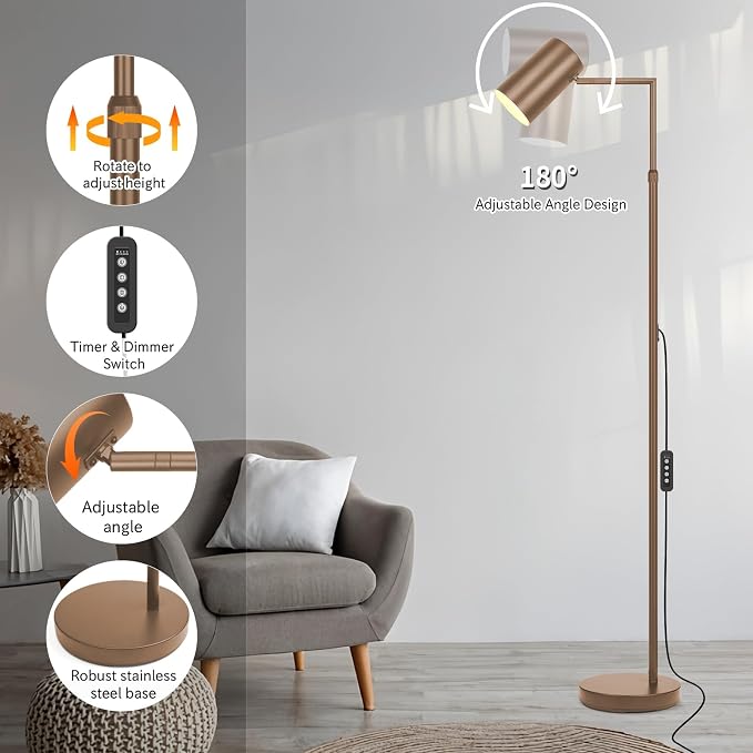 Ldeco Arc Floor Lamp for Living Room with Timer, Stepless Dimmable,Height Adjustable Modern Reading Standing Lamps for Living Room,Reading Room,Office,LED Bulb Included (Brown-DM)