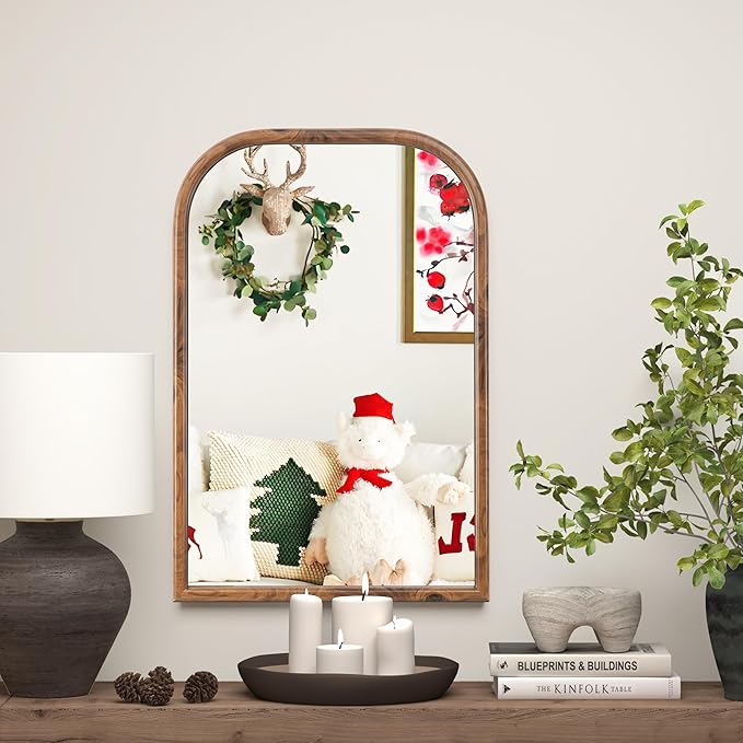 20"x30" Arch Wall Mirror Bathroom Mirror for Wall Mounted, Tempered Glass, Wood Grain Finish Frame Wall Mirror Decorative for Living Room Bedroom Entryway, Natural