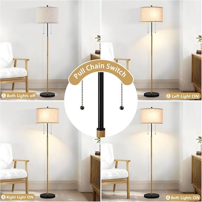 Luvkczc Floor Lamp, 62" Standing Lamp Tall Lamp with Fabric Lampshade&Pull Chain Corner Floor Lamps for Living Room, Bedroom,Office, Wood Grain 2 Bulb Socket
