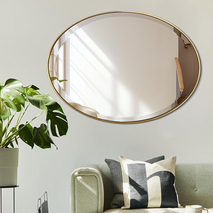 POZINO Brushed Gold Beveled Mirror, 24"x36" Brass Oval Mirrors, Bathroom Mirror for Over Sink, Modern Rounded Vanity Wall Mirrors in Premium Stainless Steel Frame, Hangs Horizontal Or Vertical