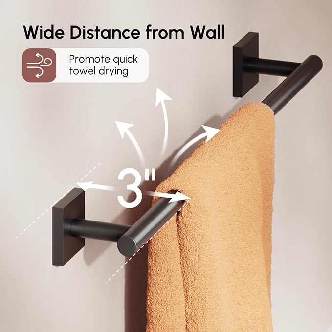 USHOWER Matte Black Towel Bar, 18 Inch Towel Racks for Bathroom Wall Mounted, 304 Stainless Steel Towel Holder with Square Base, Modern Home Decor (Total Length 20 Inch)