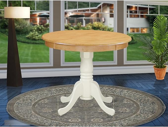 East West Furniture ANT-OLW-TP Antique Kitchen Dining Table - a Round Wooden Table Top with Pedestal Base, 36x36 Inch, Oak & Linen White