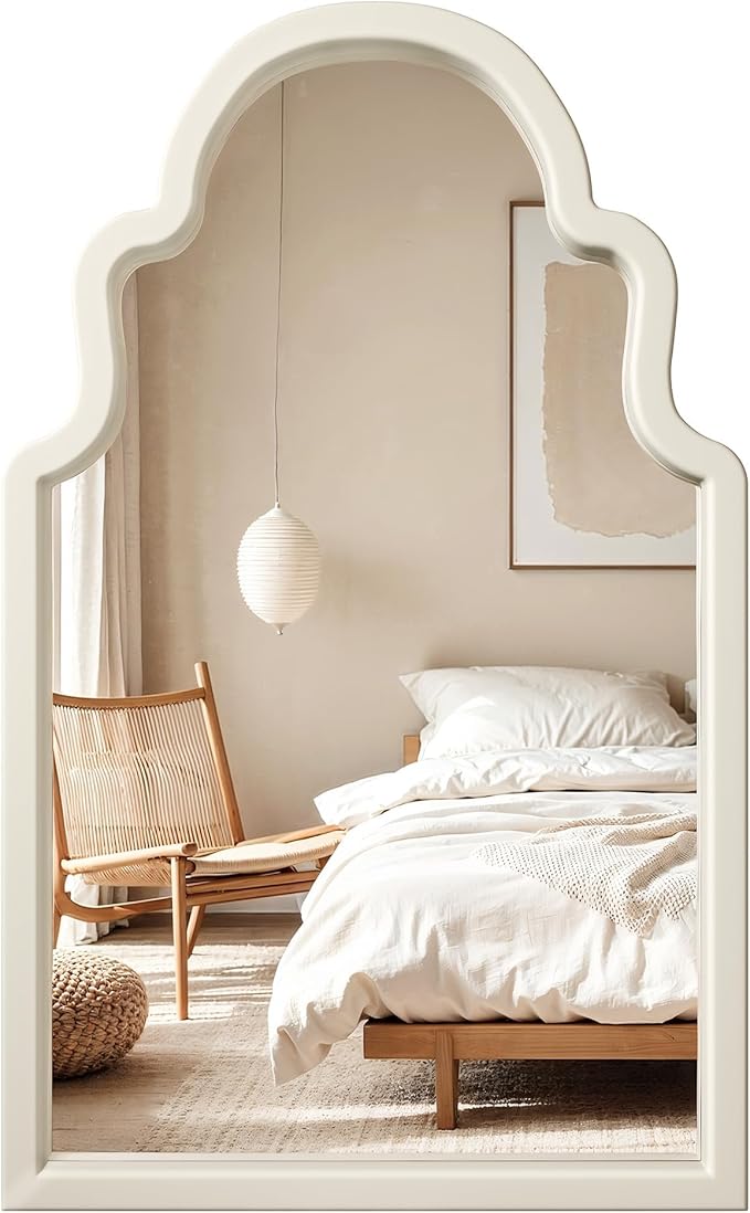 40"x24" French Country Arched Mirror, Creamy Off-White Wood Frame for Fireplace Mantel, Large Farmhouse Wall Mirror for Bathroom Vanity & Bedroom, Warm Beige Tone