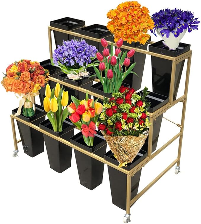 Flower Display Stand with 12pcs Bucket,Heavy Duty Plant Stand with Wheels,33in Tall Flower Cart 3 Tier Flower Shelf for Florist Garden Patio (Gold Shelf Black Bucket)