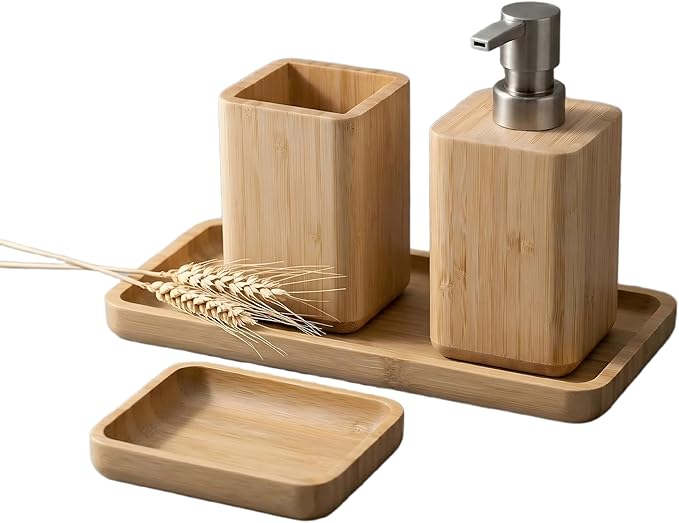 Natural Bamboo Bathroom Accessory Set with Soap Dispenser, Toothbrush Holder, and Soap Dish and Tray, Handmade, Waterproof Design