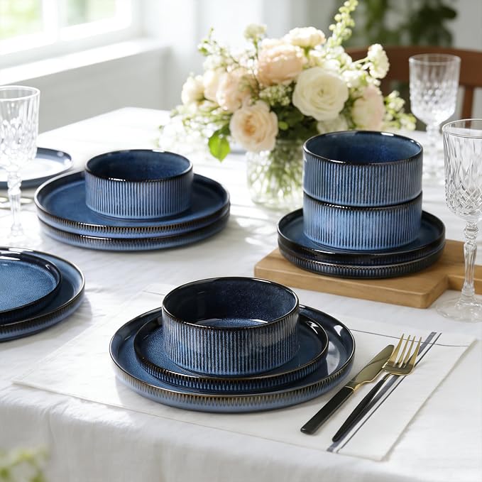 MONITO Ceramic Dinnerware Sets for 4, 12PCS Stoneware Plates and Bowls Sets, Reactive Glaze Dish Set, Chip and Scratch Resistant Double, Microwave and Dishwasher Safe, Dark Blue