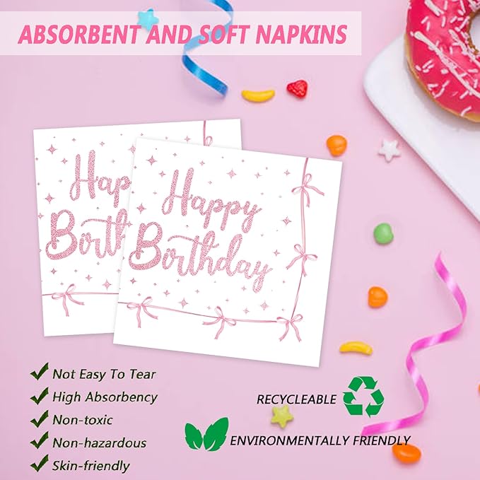 72Pcs Pink Bow Plates and Napkins, Coquette Birthday Party Supplies Pink Bow Paper Plates and Napkins Forks Tableware Decorations for 24 Guests