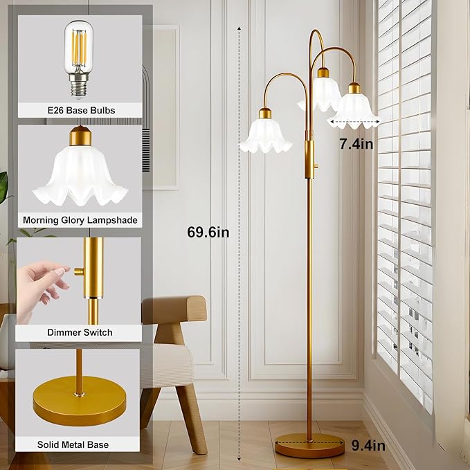 Lightdot 70IN Flower Floor Lamp for Living Room, 3 Light Dimmable Tree Floor Lamps with Bulb Included for Wedding/Party, Unique Floral Tall Lamp with 5Lbs Heavy Base for Bedroom/Sofa Beside-Gold