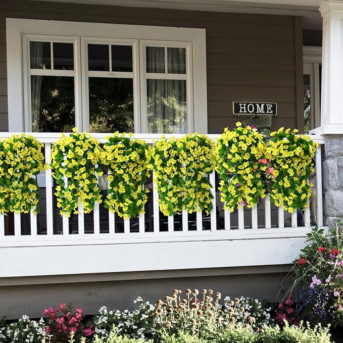 Artificial Fake Hanging Flowers Plants for Outdoor Spring Summer Decoration, 2PCS Faux Silk Violet UV Resistant Look Real Trailing Vines for Outside Home Planter Porch Patio(Yellow)