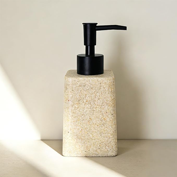 Bathroom & Kitchen Countertop Soap Dispenser, Modern Sandstone-Look Resin Bottle with ABS Pump, Durable Shatter-Resistant 8.5 oz Dispenser (Beige)