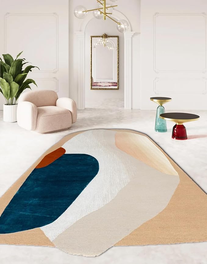 Minimalist Mid Century Modern Irregular Area Rug for Living Room Guestroom Bedroom Abstract Shaped Rug Low Pile Washable Carpet 3x5 Boho Art Meetingroom Home Office Foldable Rugs Cream Beige Brown