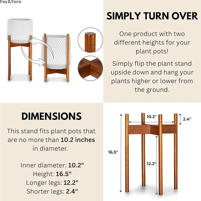 Fox & Fern Mid Century Tall Plant Stand — 10 Inch Fixed Size Raised Wooden Plant Stand for Indoor Planters (Not Included); Modern Flower Pot Holder with Plug In Design; Easy to Assemble - Acacia