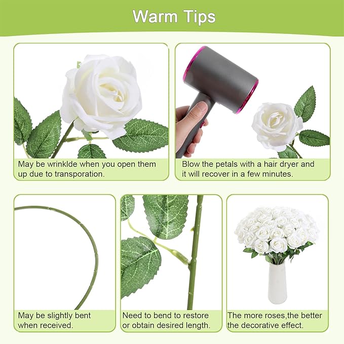 50Pcs White Roses Artificial Flowers Fake Roses Faux Velvet Silk Flower for Home Wedding Decoration (Pearl Rose, White)