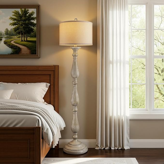 PARTPHONER Vintage Floor Lamp for Living Room, Rustic Farmhouse Standing Lamp with Rotary Switch and Linen Shade, Retro Resin Floor Lamp for Bedroom, Corner, Dining Room, House Decor, Grey