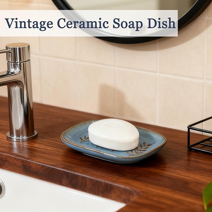 HighHerz Aesthetic Ceramic Soap Dish for Shower, Soap Holder with Raised Relief, Shower Soap Dish for Shampoo Bar Or Sponge, Soap Saver for Bathroom, Kitchen, Sink, Decorative Soap Tray (Blue)
